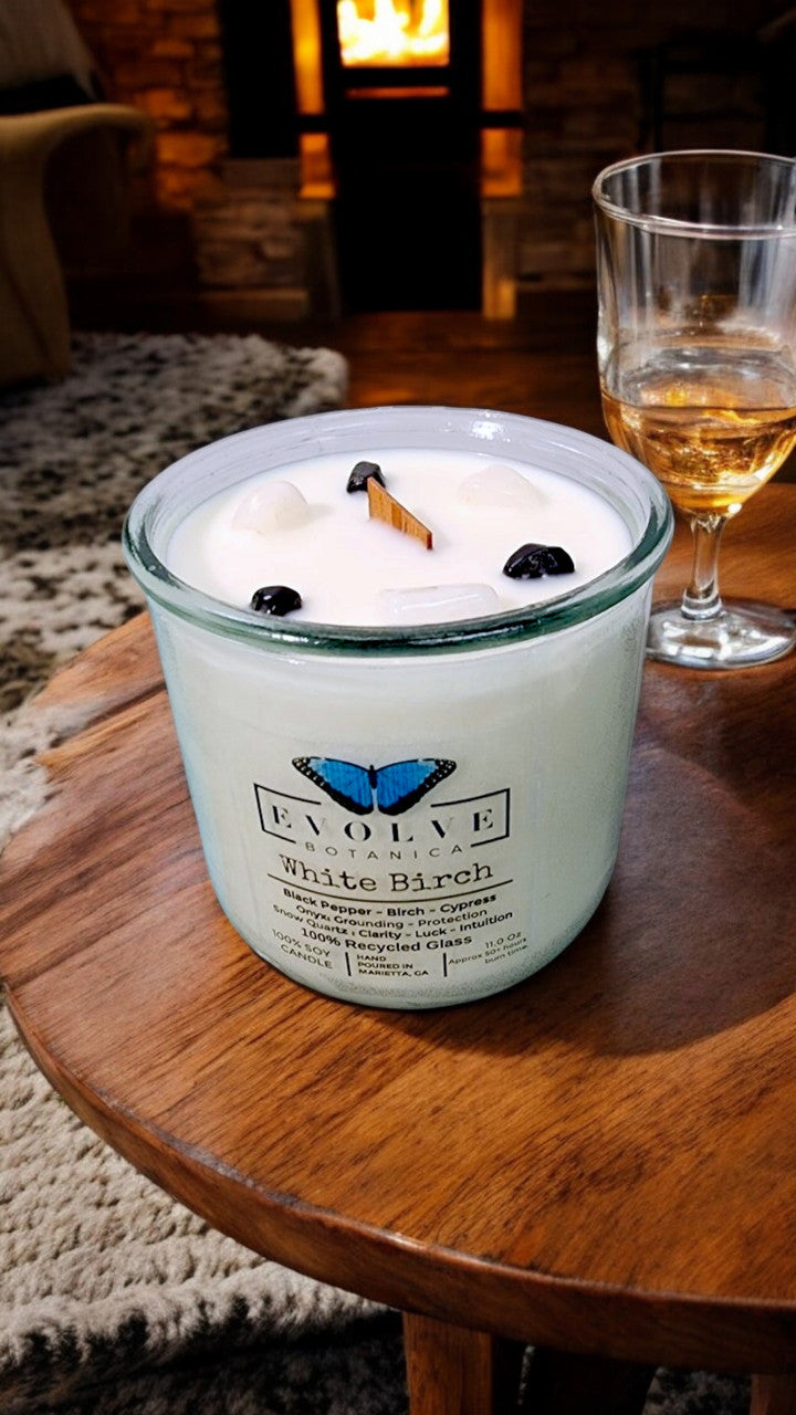Rocks Candle - White Birch (Wood Wick Snow Quartz & Onyx Gemstone Soy Candle) from Evolve Botanica