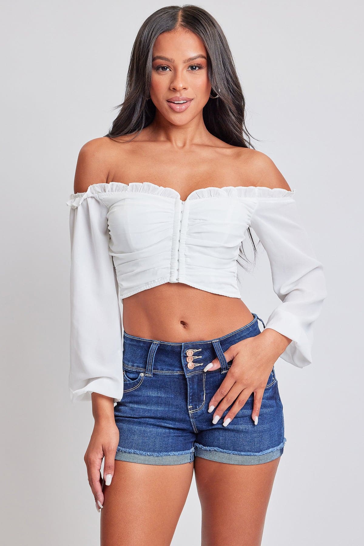 Women's WannaBettaButt 3 Button Cuffed Denim Shorts from YMI JEANS
