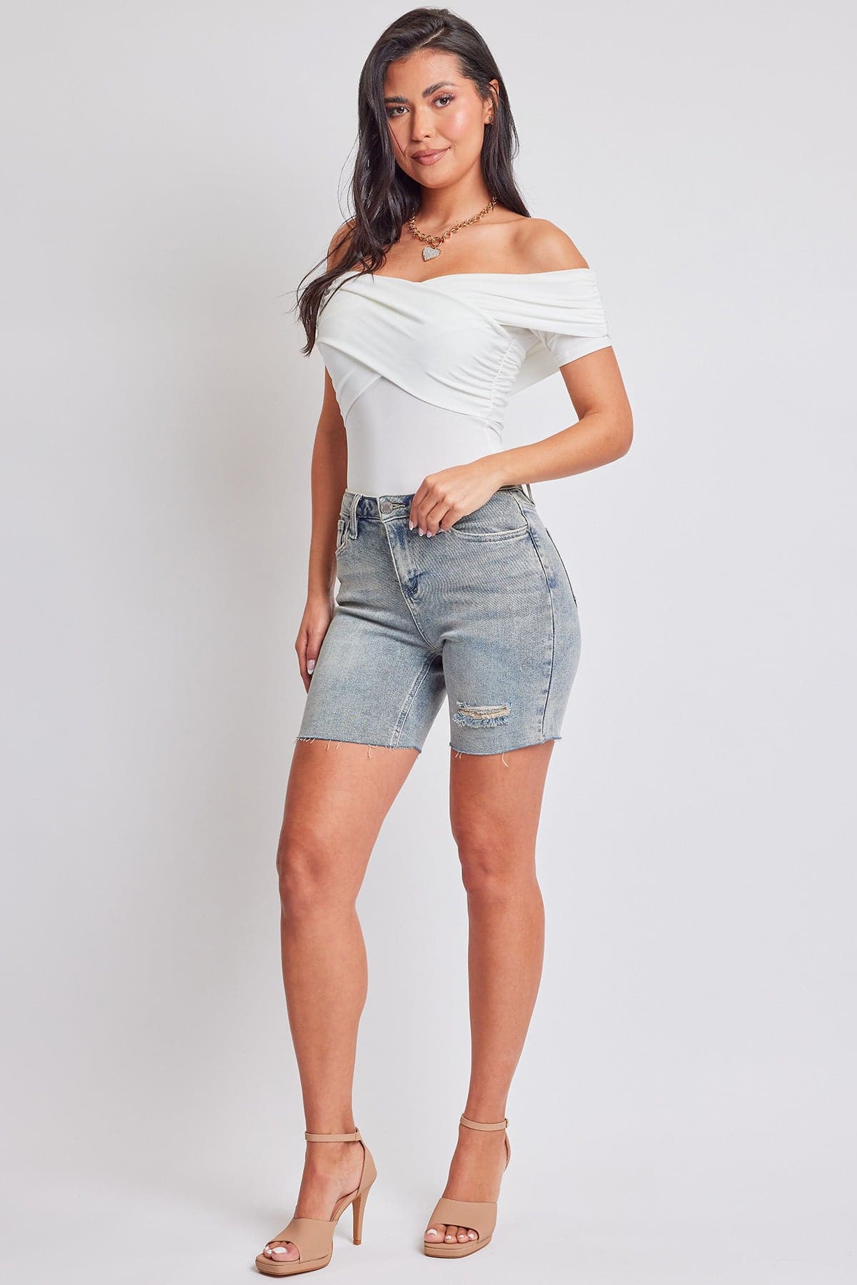 Women's Luxe High Rise Long Short Denim-Distressed from YMI JEANS