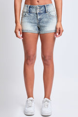 Women's Mid Rise 3 Button Raw Cuffed Hem Shorts from YMI JEANS