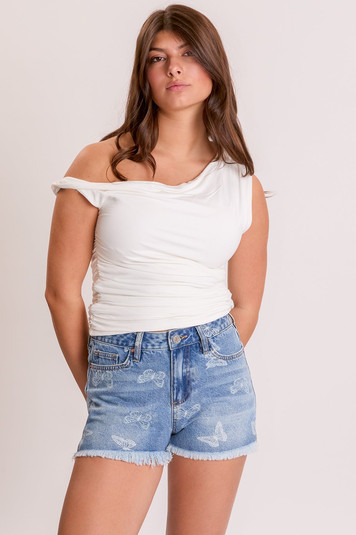 Women's Butterfly Printed Fray Hem Shorts from YMI JEANS