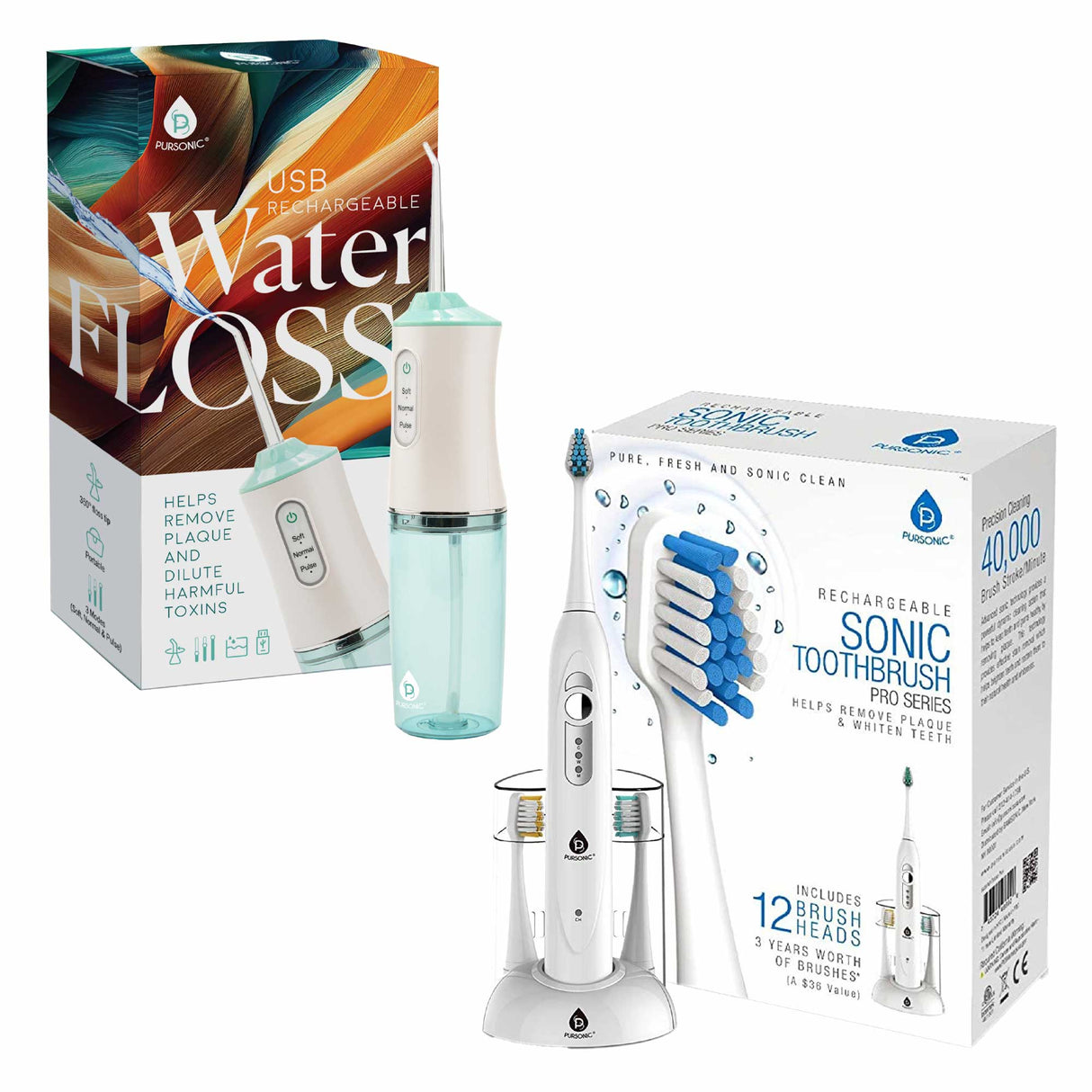 Pursonic Electric Rechargeable Toothbrush & Water Flosser Duo with Multi-Year Supply from Pursonic