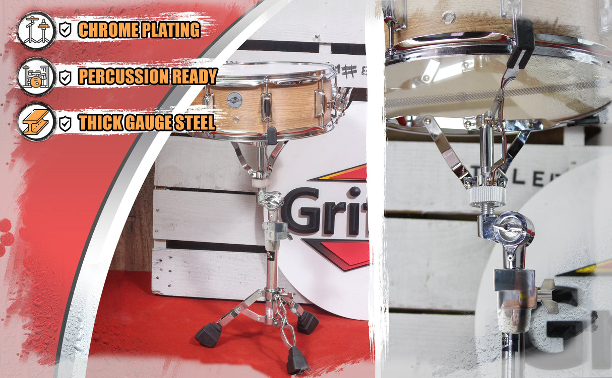Heavy-Duty Snare Drum Stand by Griffin | Premium Double Braced Percussion Hardware Kit |Weight Mount for Snares, Tom Drums & Practice Pad | Adjustable Height & Tilting Gear Clamp Style Basket Holder from GeekStands.com