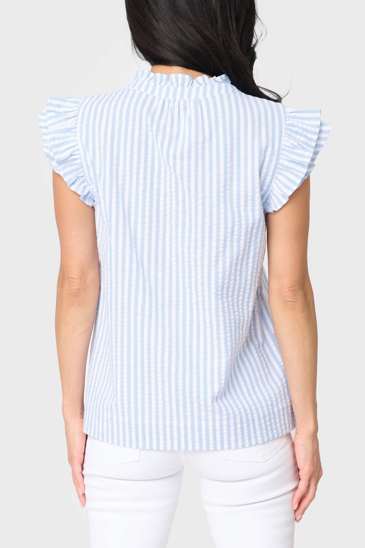 Double Flutter Sleeve Seersucker Stripe Top  From Gibsonlook