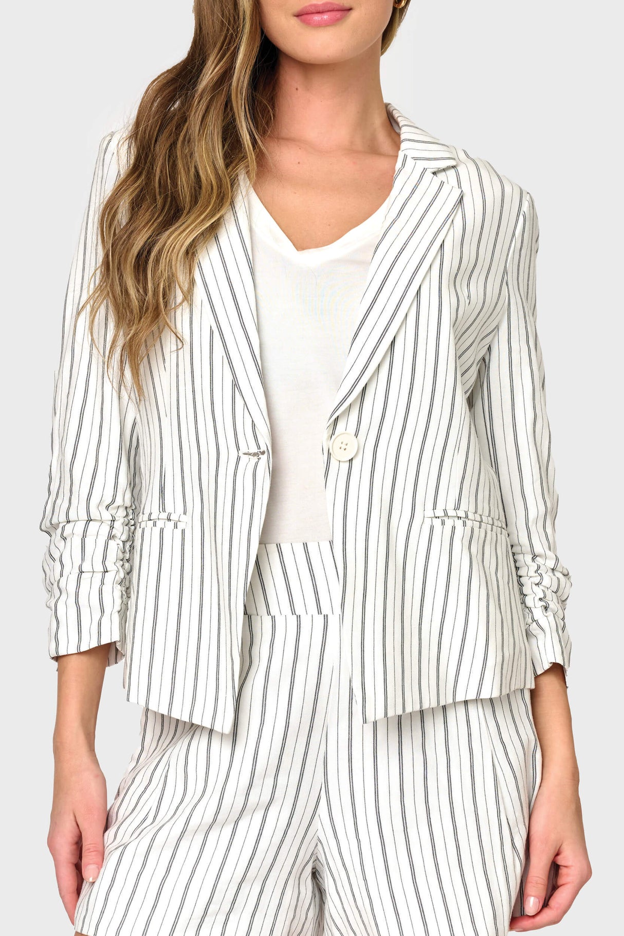 Notch Collar Pinstripe Linen Blazer with Rouched Sleeve from Gibsonlook