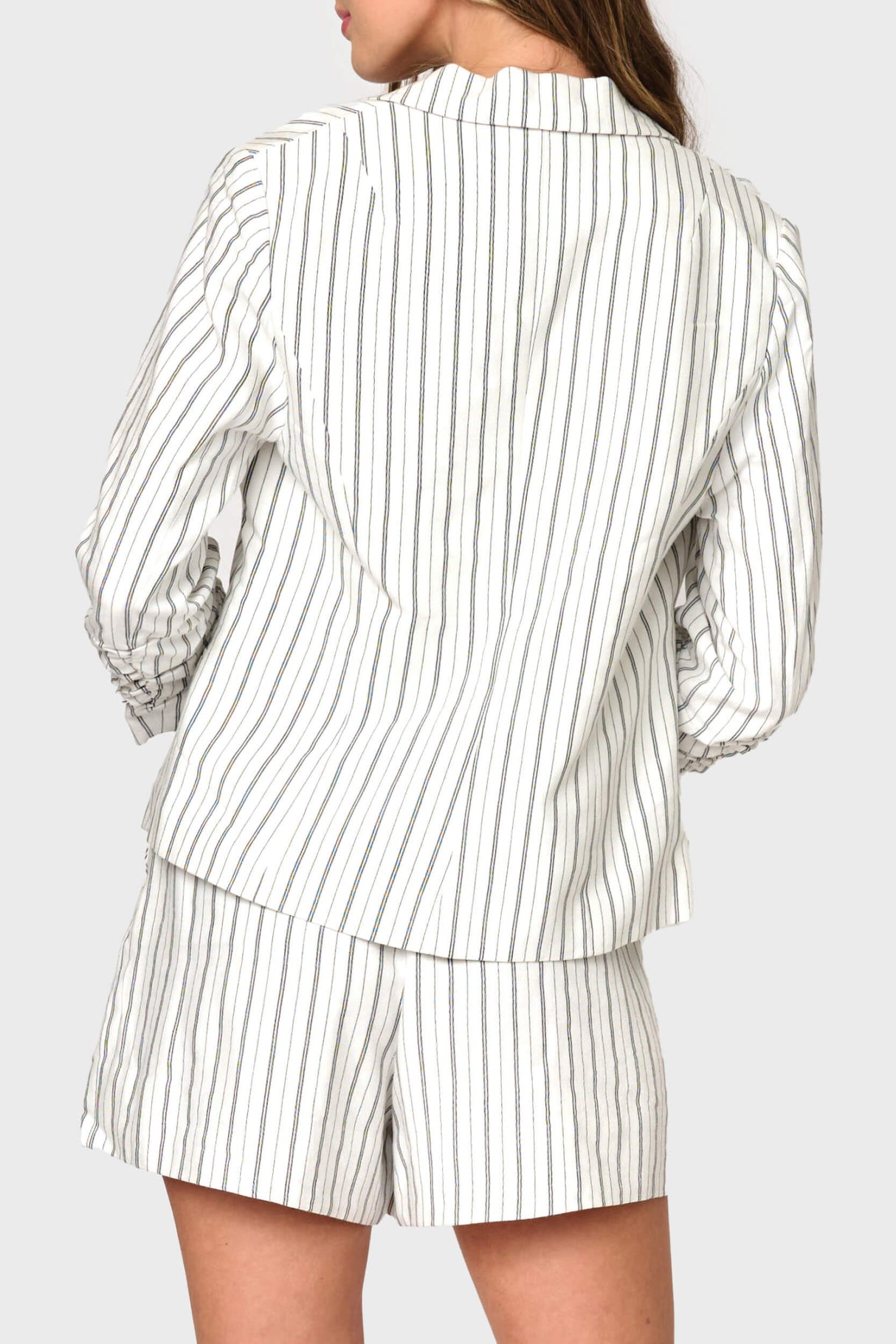 Notch Collar Pinstripe Linen Blazer with Rouched Sleeve from Gibsonlook