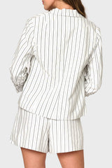 Notch Collar Pinstripe Linen Blazer with Rouched Sleeve from Gibsonlook