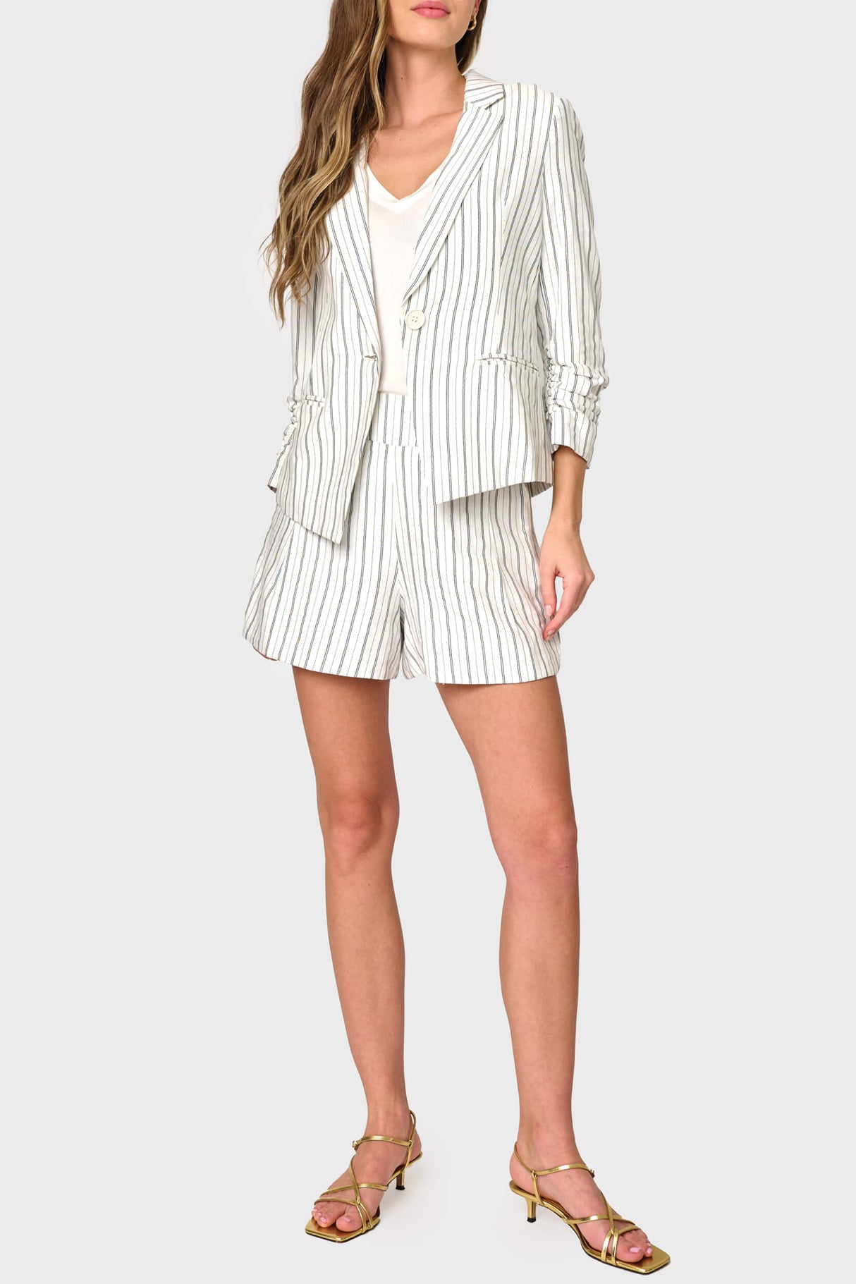 Notch Collar Pinstripe Linen Blazer with Rouched Sleeve from Gibsonlook
