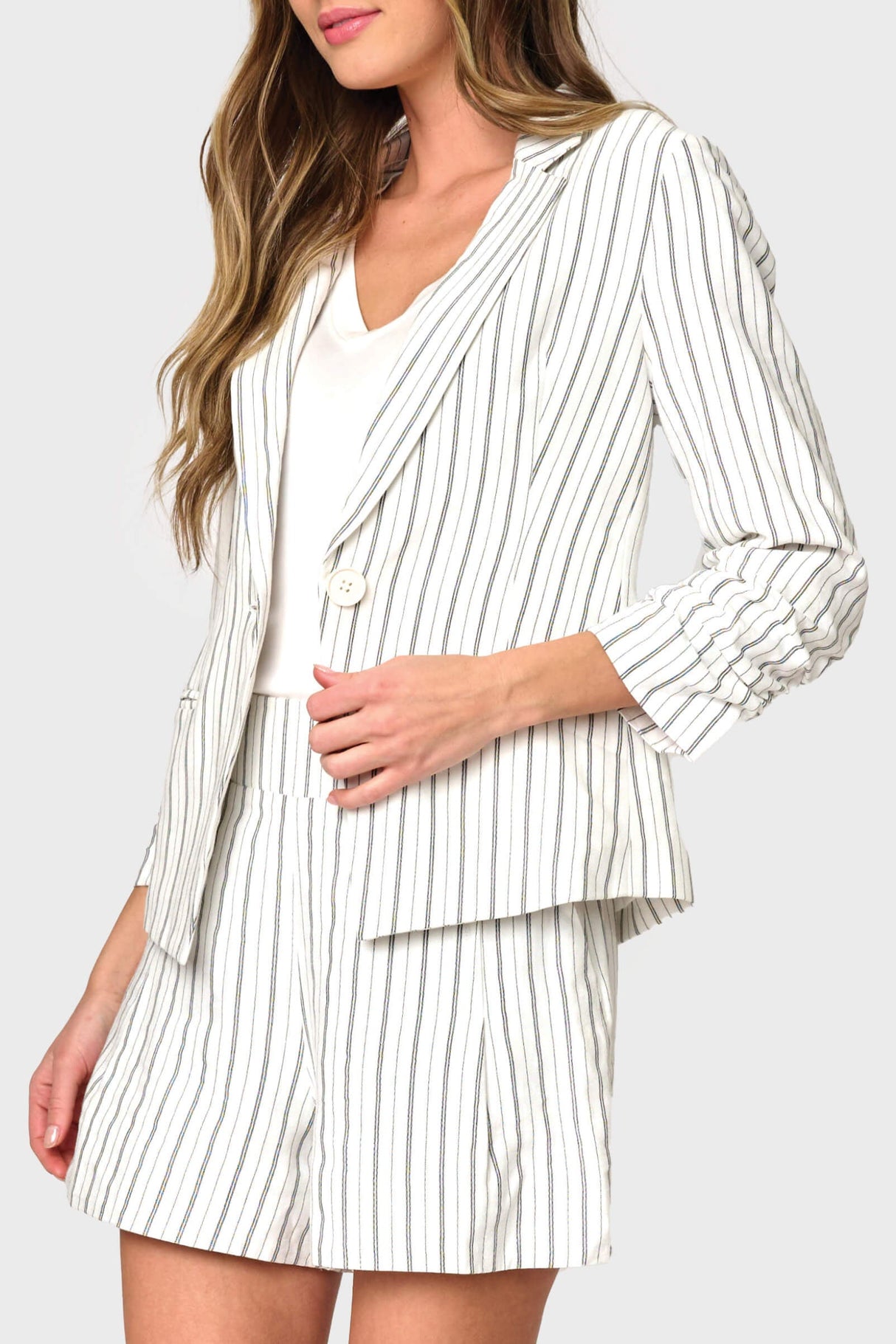 Notch Collar Pinstripe Linen Blazer with Rouched Sleeve from Gibsonlook