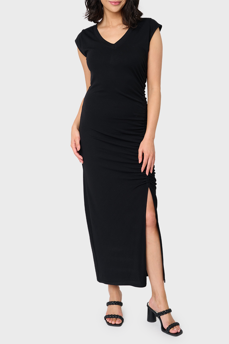 Soft Ponte V-Neck Side Cinch Maxi Dress from Gibsonlook