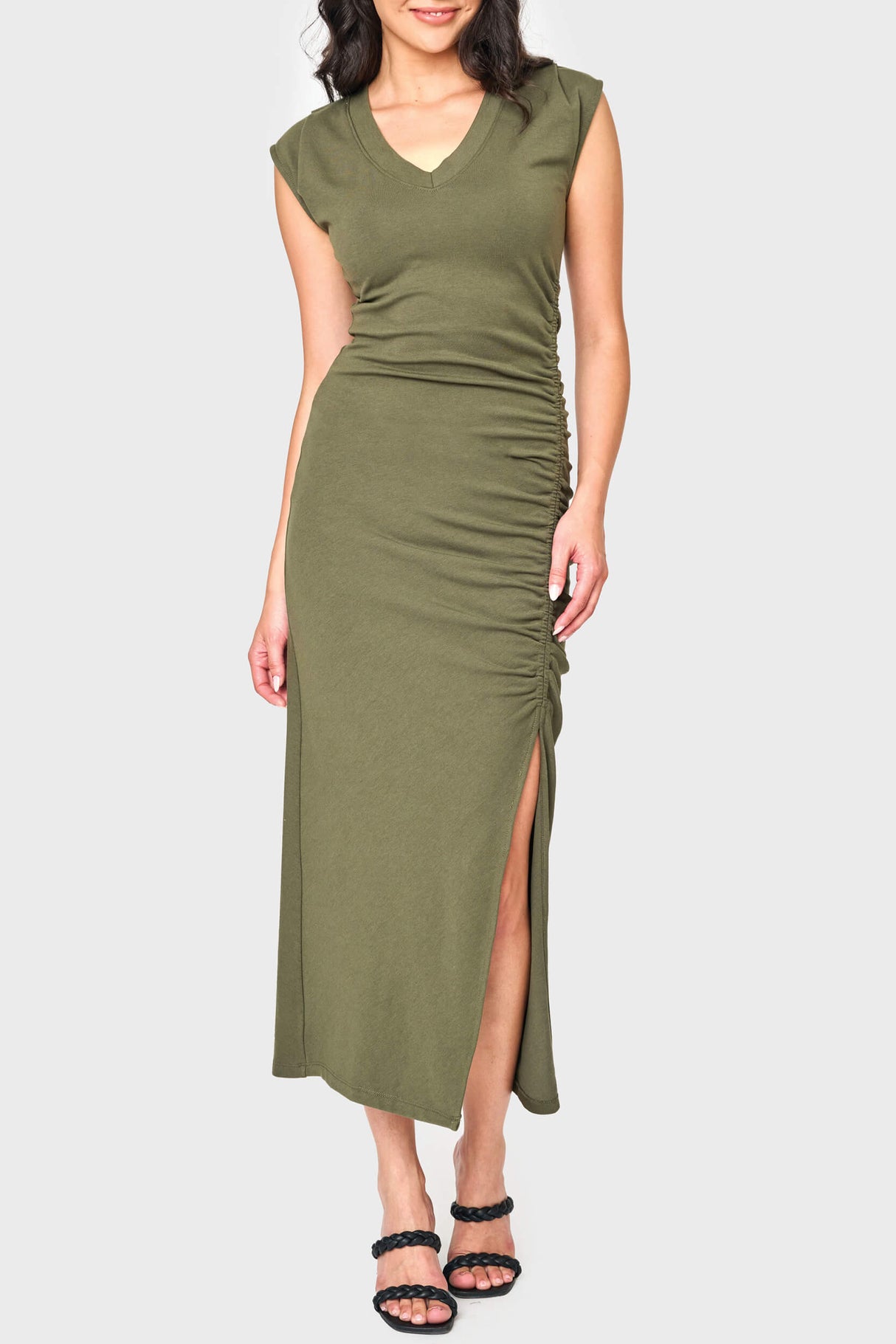 Soft Ponte V-Neck Side Cinch Maxi Dress from Gibsonlook