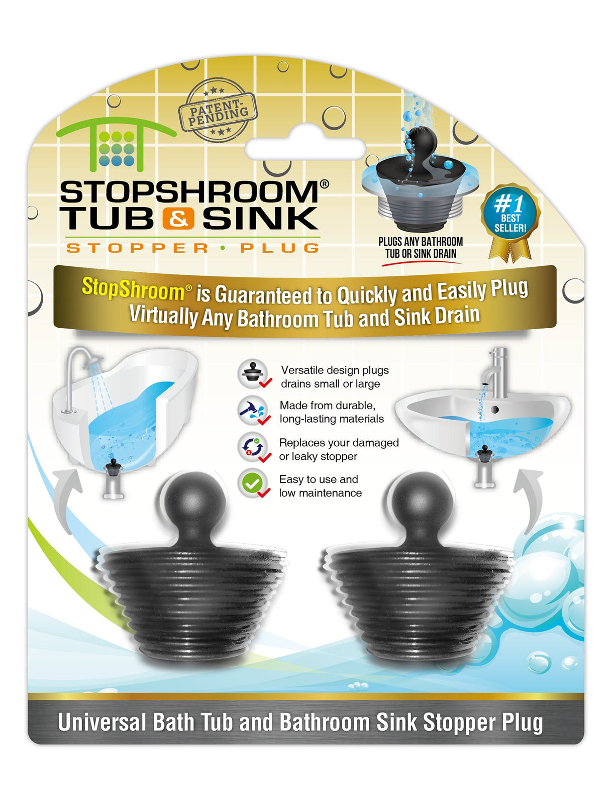 StopShroom (Black) Tub & Sink Universal Stopper Plug for Tub & Bathroom Drains from TubShroom.com