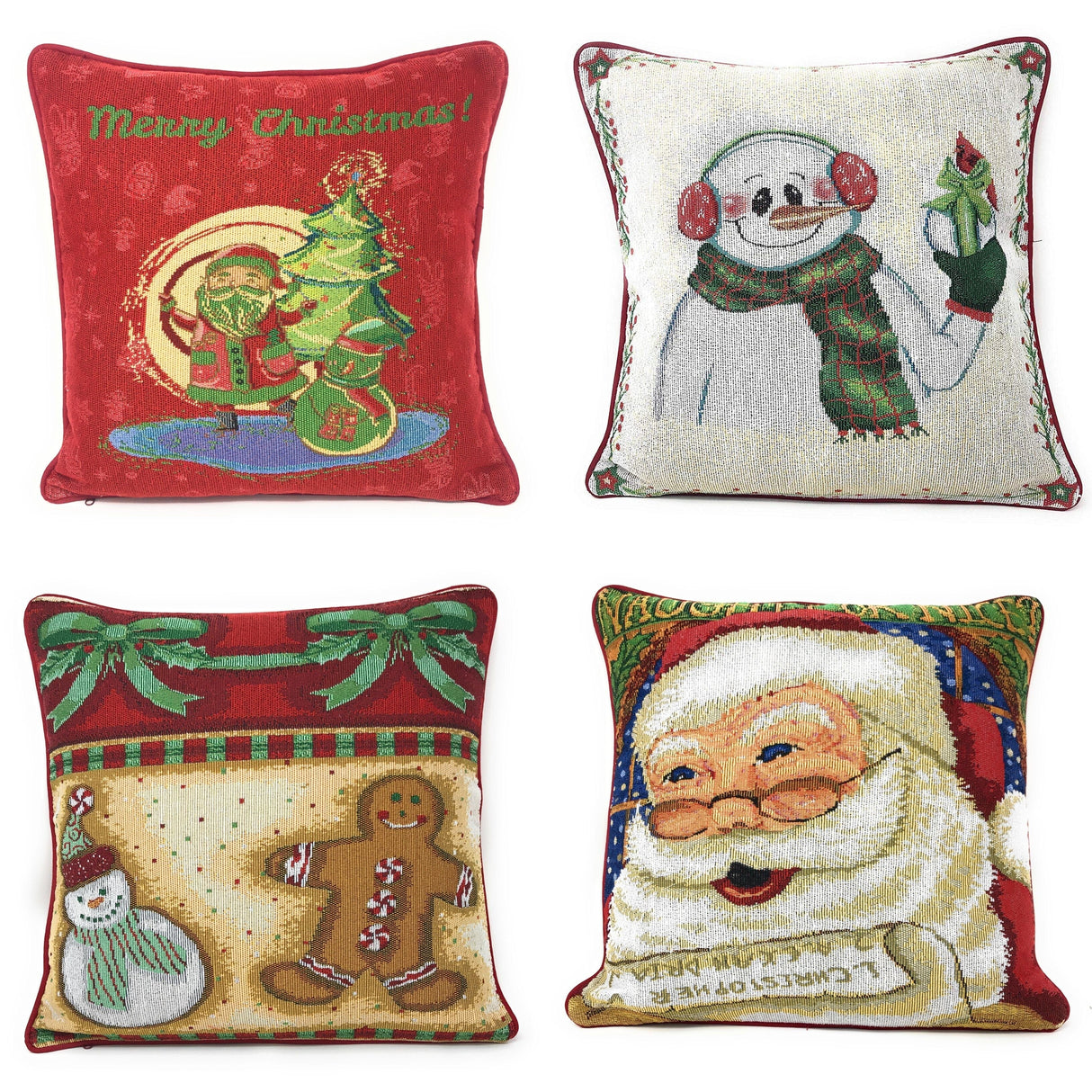 DaDa Bedding Set of 4 Pieces - Magical Santa Snowman Gingerbread Christmas Holiday Tapestry Throw Pillow Covers Bundle Pack - 16" x 16" from DaDalogy Bedding Collection