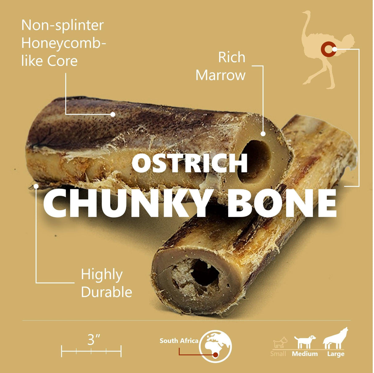 Ostrich Chunky Bones (4" x 2" - 2 Pack): The Long-Lasting, Flavor-Packed Bones for Small to Medium Dogs from Savannah Pet Food