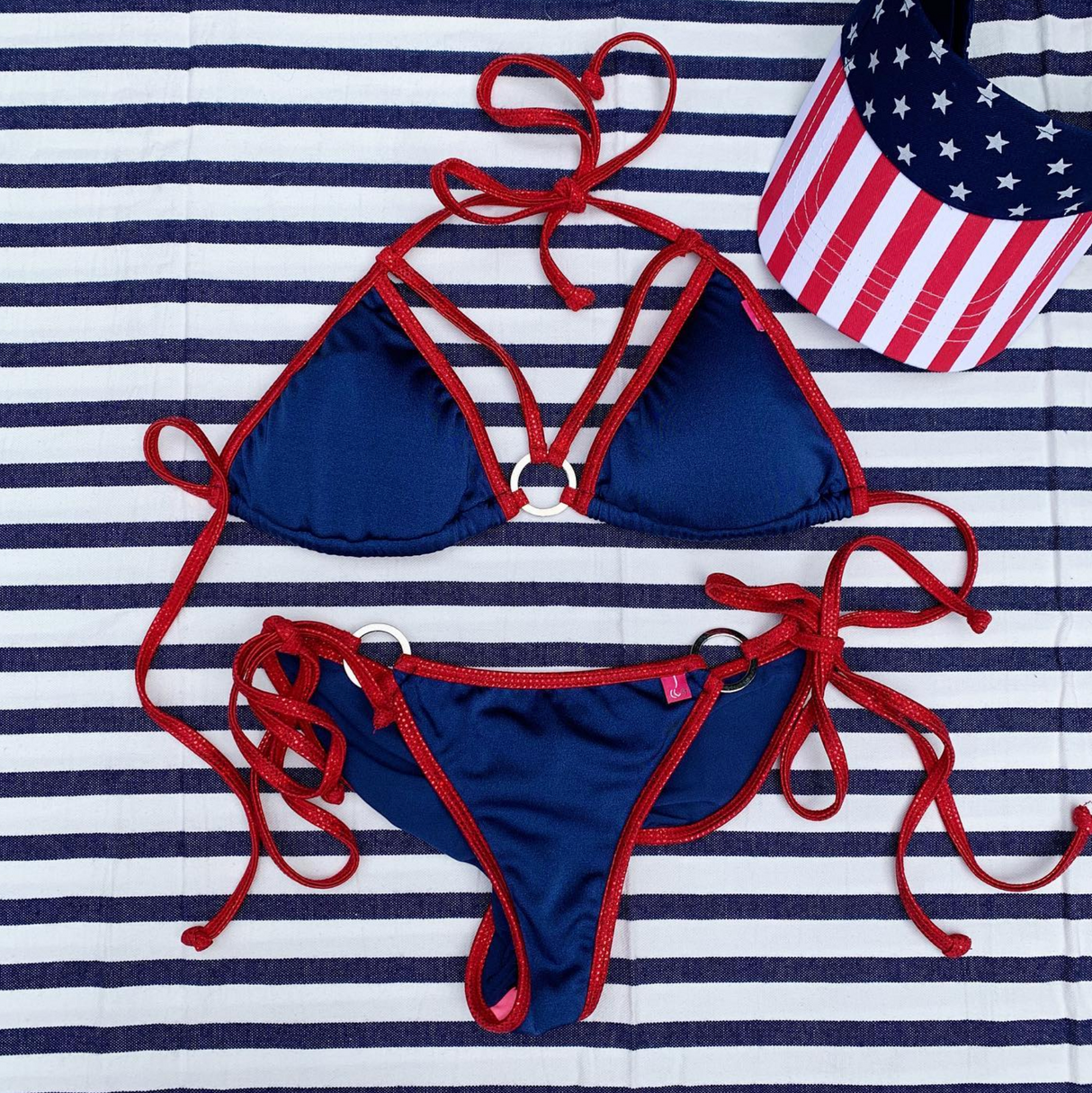 Aruba: String Bikini in Navy/Red Shimmer w/ Silver Rings From Chynna Dolls