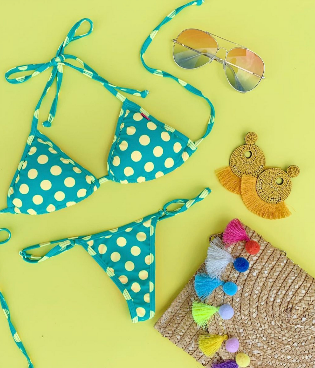 Coco: Y-Back G-String Thong Bikini in Mint/Yellow Polka Dots From Chynna Dolls