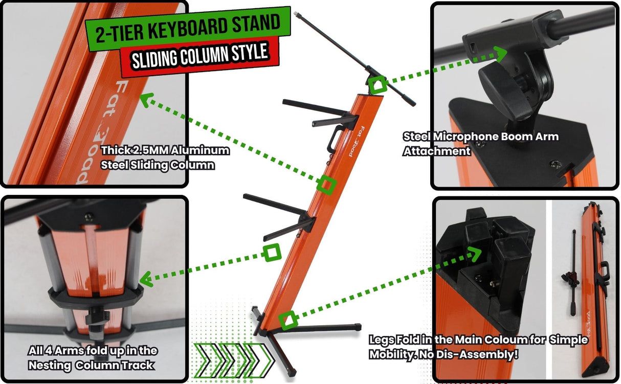 Keyboard Stand (2-Tier) with Mic Boom Arm Adapter by FAT TOAD - Professional Double Sliding Electronic Piano Column Tower for Turntable, DJ Audio Gear & Studio Synthesizer from GeekStands.com