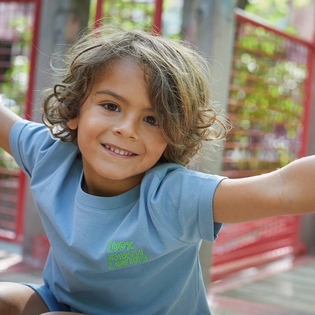 100% Earth loving Kid T-Shirt - Slate Blue/neon from Manymoons