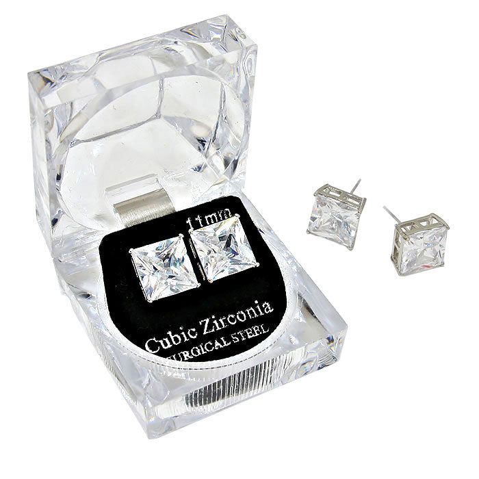 11mm Square Crystal Cubic Zirconia Stud Earrings in Clear Gift Box - Ready to Gift from Madeline Love