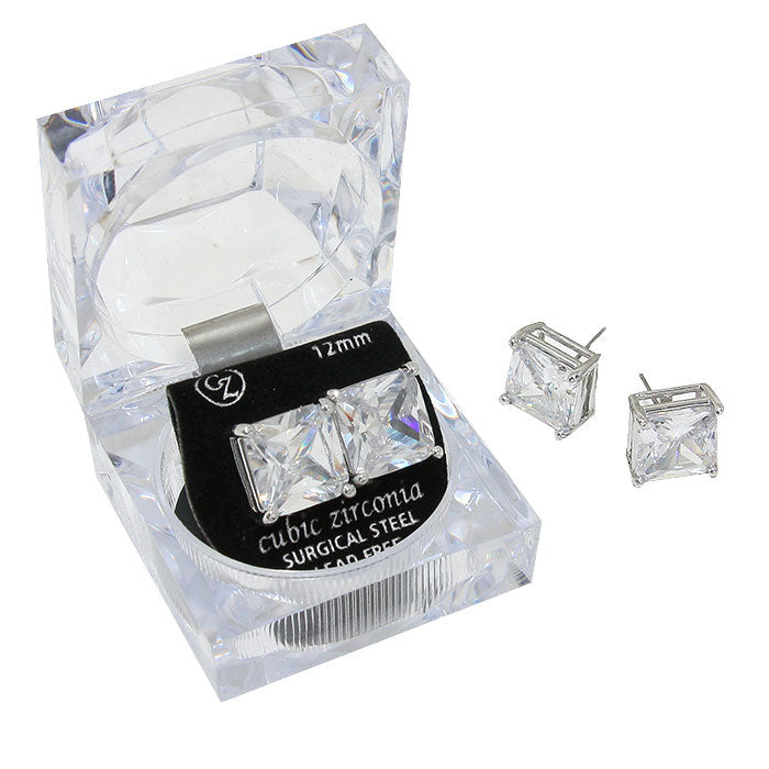 12mm Square Crystal Cubic Zirconia Stud Earrings in Clear Gift Box - Ready to Gift from Madeline Love