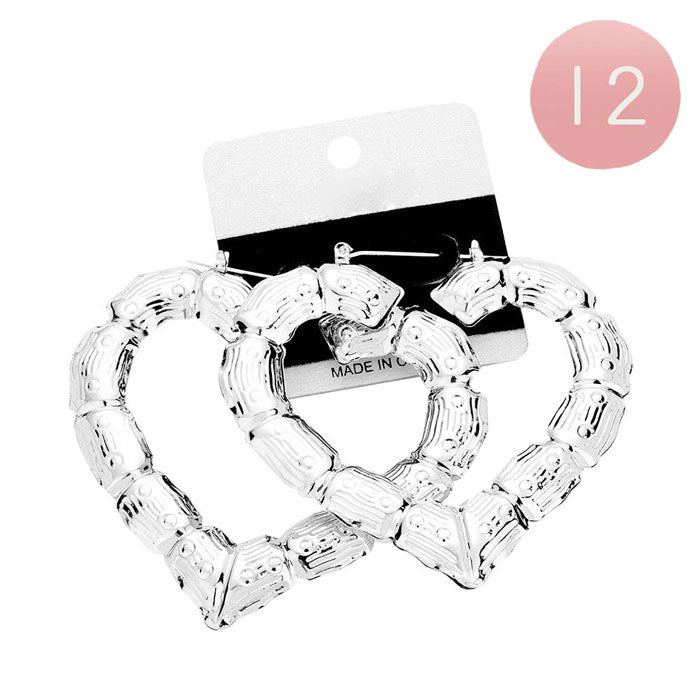 12Pairs- Medium Metal Bamboo Heart Pin Catch Earrings from Madeline Love