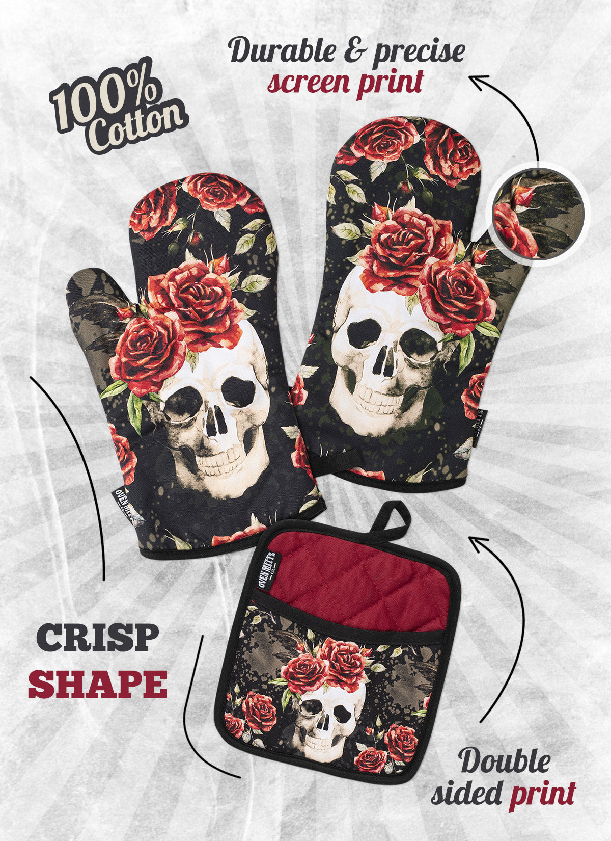 Skull Vintage Flower Oven Mitts And Potholder Set From Zapps Clothing