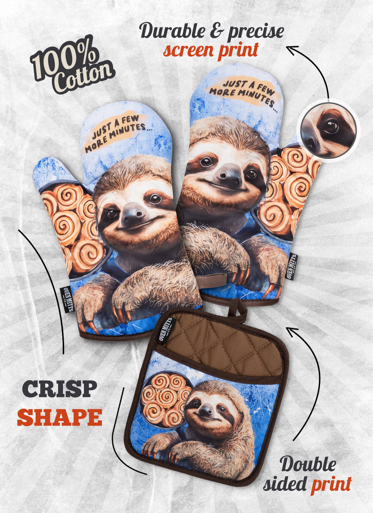 Sloth Just A Few More Minutes Oven Mitts And Pot Holder Set From Zapps Clothing
