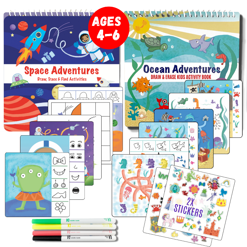 Small 7" Dry Erase Activity Book (incl. 2 Washable Markers & Reusable Stickers) from UnbuckleMe®