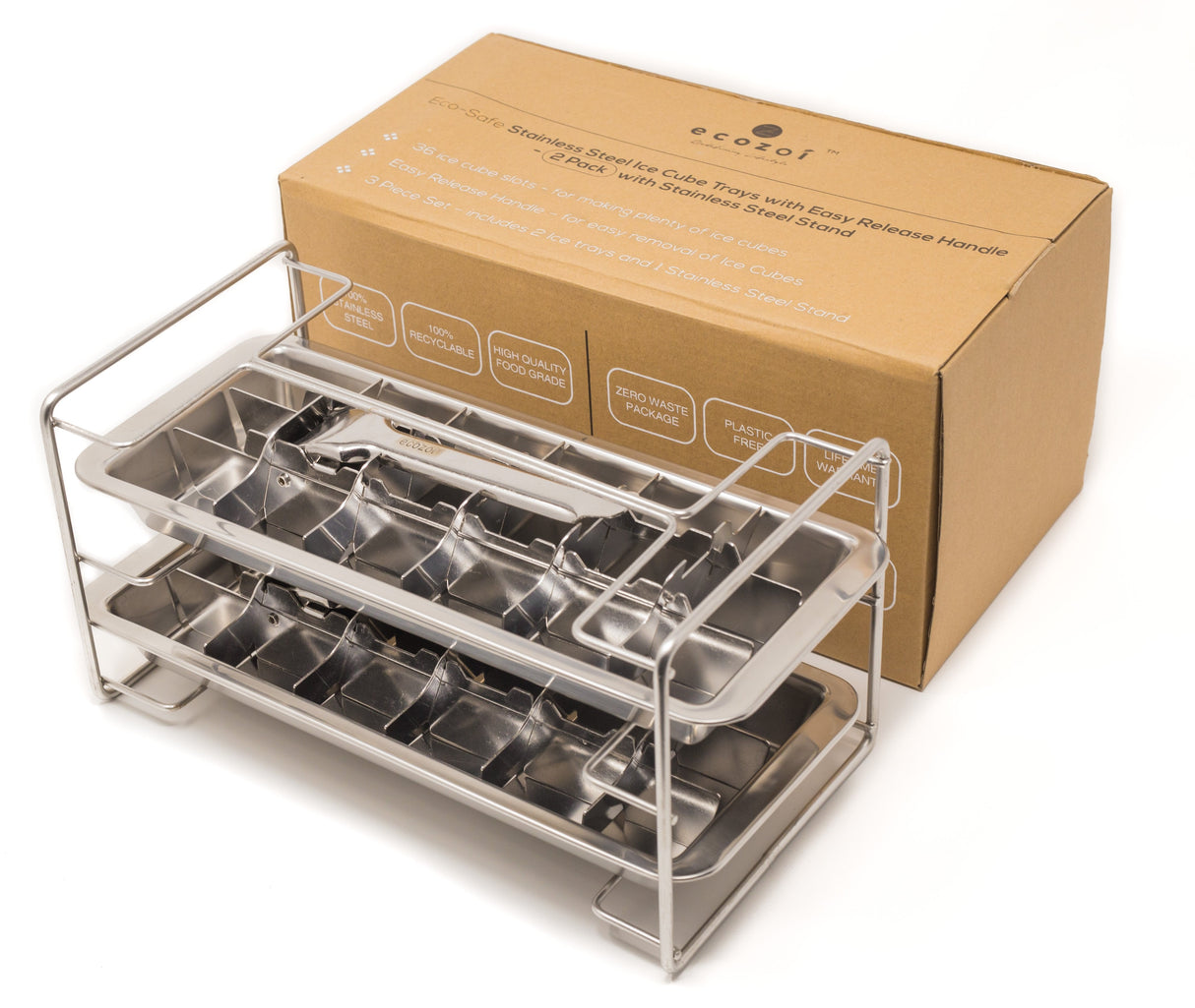 Stainless Steel Ice Cube Trays with Easy Release Handle, 2 Pack with Rack from ecozoi