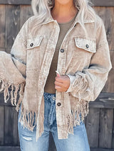 Beige Corduroy Jacket with Fringe Trim from MsDressly