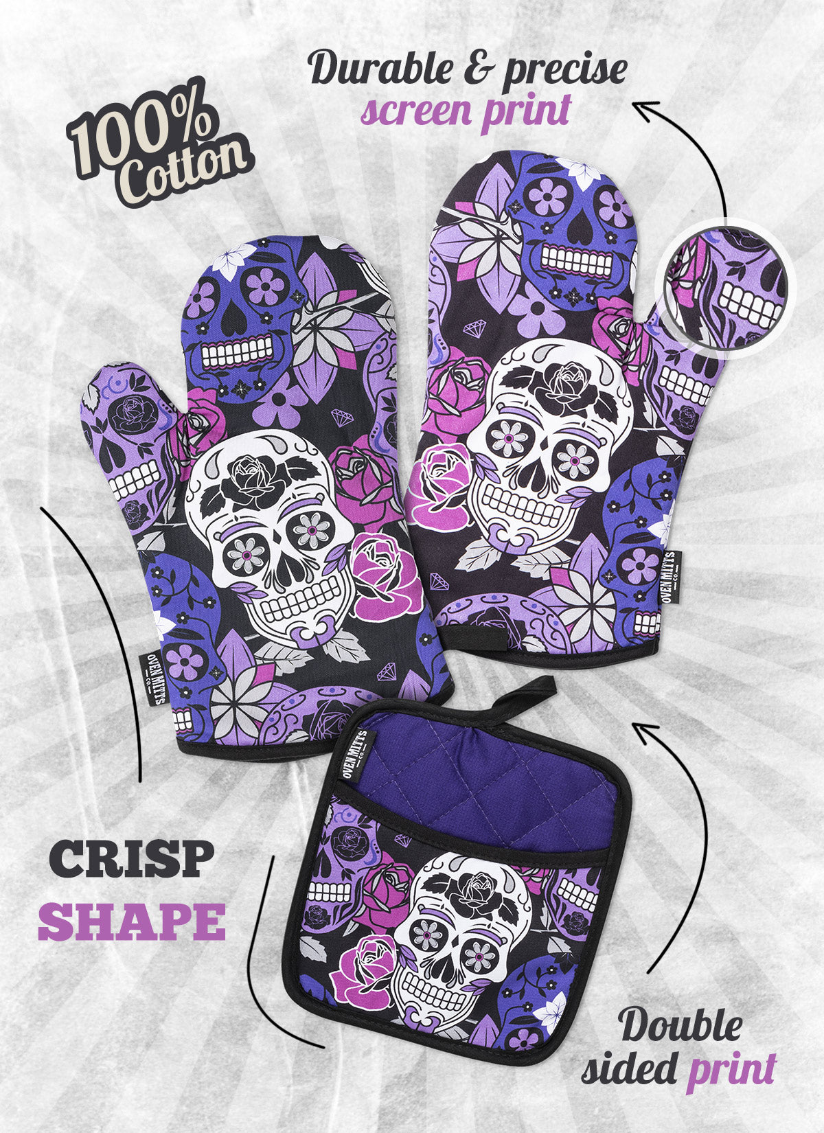 Sugar Skull Purple Oven Mitts And Potholder Set From Zapps Clothing