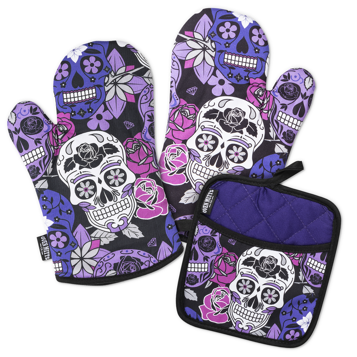 Sugar Skull Purple Oven Mitts And Potholder Set From Zapps Clothing