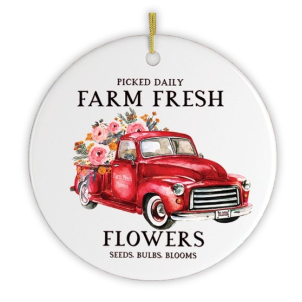 Artistic Red Truck and Farm Flowers Christmas Ornament from OrnamentallyYou