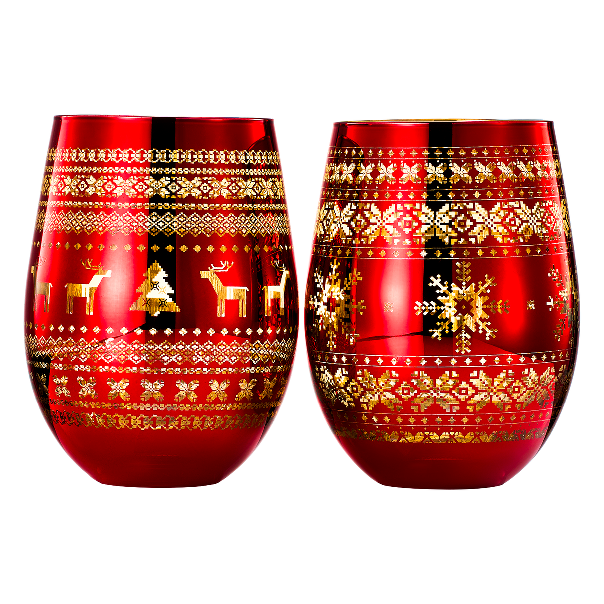 Crystal Christmas Tree Wine & Water Glasses - Set of 2 - Holiday Themed Red & Gold Etched Winter Snow Wonderland Frosted Glass, Perfect Seasonal Parties, Gifts Him & Her Trees Décor - Stemless Trees from The Wine Savant