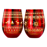 Crystal Christmas Tree Wine & Water Glasses - Set of 2 - Holiday Themed Red & Gold Etched Winter Snow Wonderland Frosted Glass, Perfect Seasonal Parties, Gifts Him & Her Trees Décor - Stemless Trees from The Wine Savant