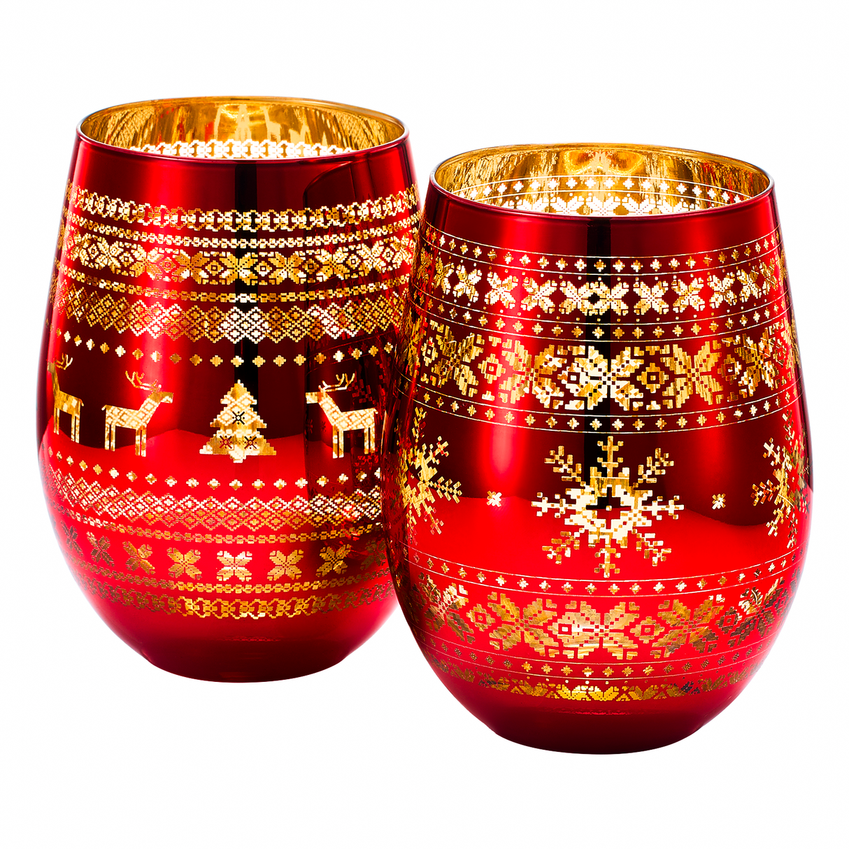 Crystal Christmas Tree Wine & Water Glasses - Set of 2 - Holiday Themed Red & Gold Etched Winter Snow Wonderland Frosted Glass, Perfect Seasonal Parties, Gifts Him & Her Trees Décor - Stemless Trees from The Wine Savant