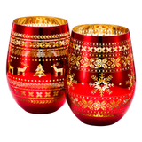 Crystal Christmas Tree Wine & Water Glasses - Set of 2 - Holiday Themed Red & Gold Etched Winter Snow Wonderland Frosted Glass, Perfect Seasonal Parties, Gifts Him & Her Trees Décor - Stemless Trees from The Wine Savant