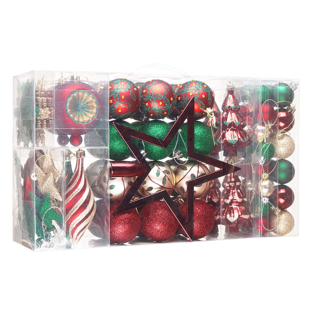 Alluring Large Christmas Ornament Set, Unique Red Green and Gold Baubles, 92 Charms and Snow Covered Trees with Dark Red Tree Topper from OrnamentallyYou