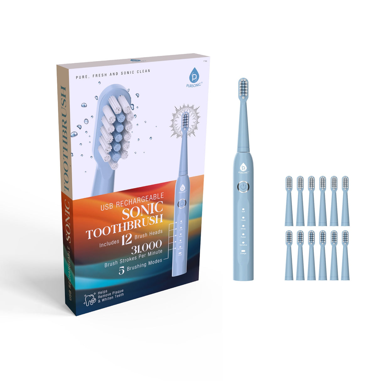 USB Rechargeable Electric Toothbrush with 12 Brush Heads from Pursonic