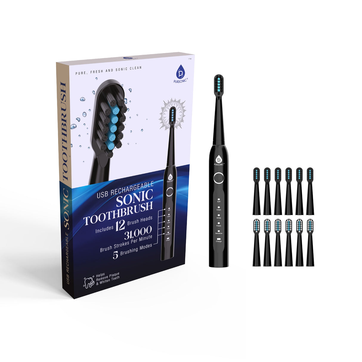 USB Rechargeable Electric Toothbrush with 12 Brush Heads from Pursonic