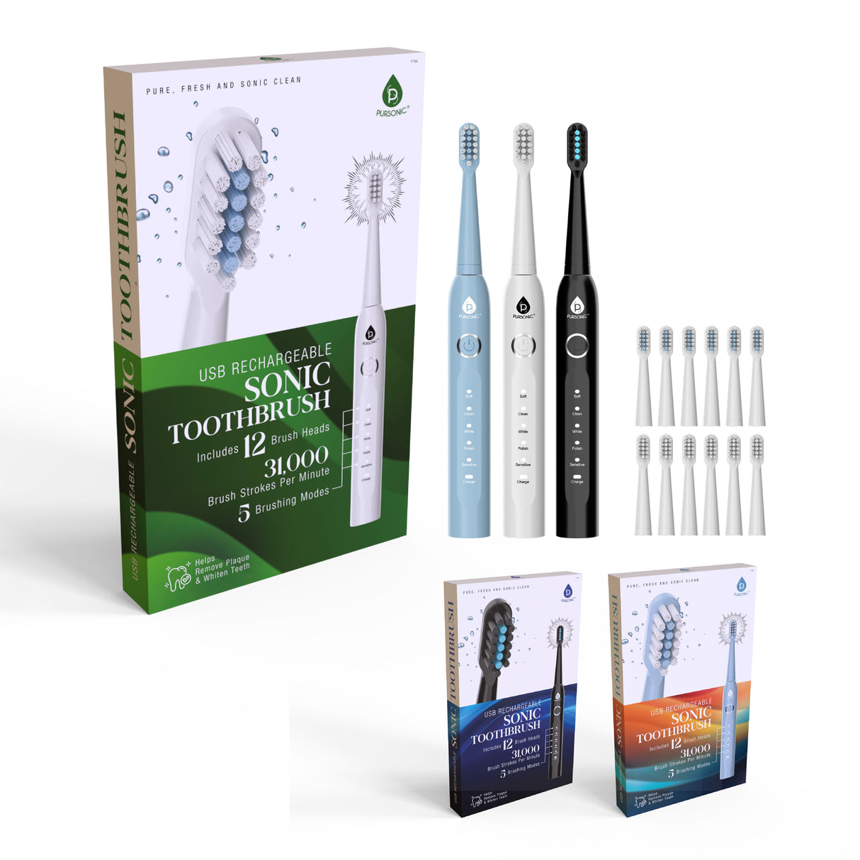 USB Rechargeable Electric Toothbrush with 12 Brush Heads from Pursonic