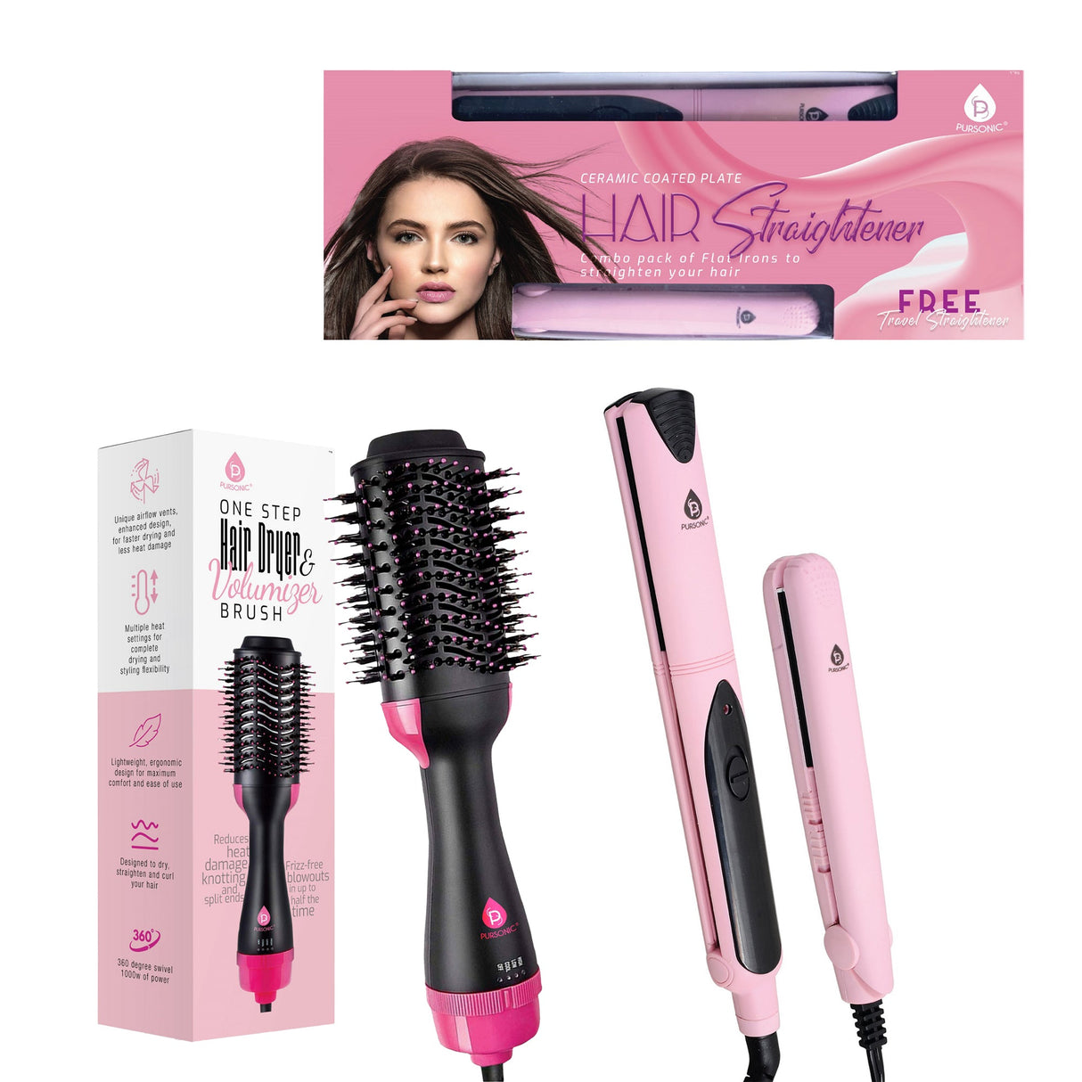Hair Styling Power Bundle: One Step Hair Dryer & Volumizer Brush + Professional Salon Quality Flat Iron Hair Straightener With Free Travel Straightener from Pursonic