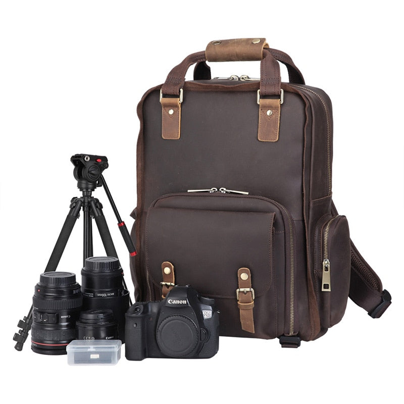 The Gaetano | Large Leather Backpack Camera Bag with Tripod Holder from STEEL HORSE LEATHER