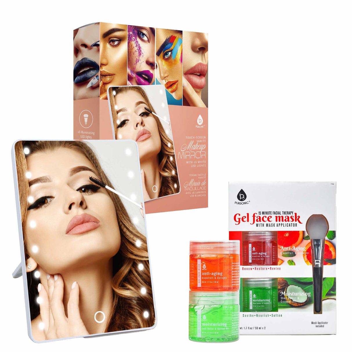 Pursonic Touchscreen LED Vanity Mirror and Luxurious Gel & Mud Face Mask Set from Pursonic
