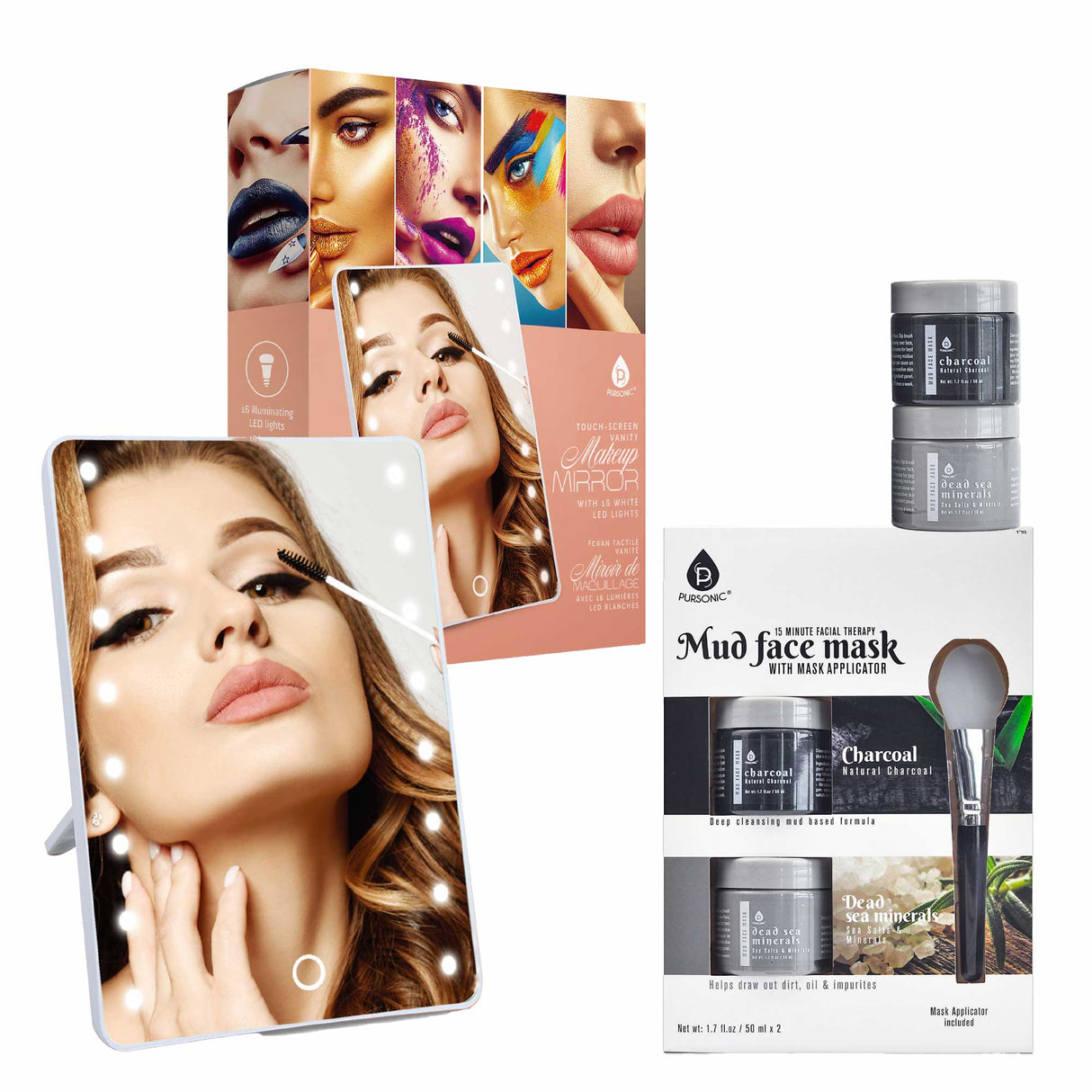 Pursonic Touchscreen LED Vanity Mirror and Luxurious Gel & Mud Face Mask Set from Pursonic