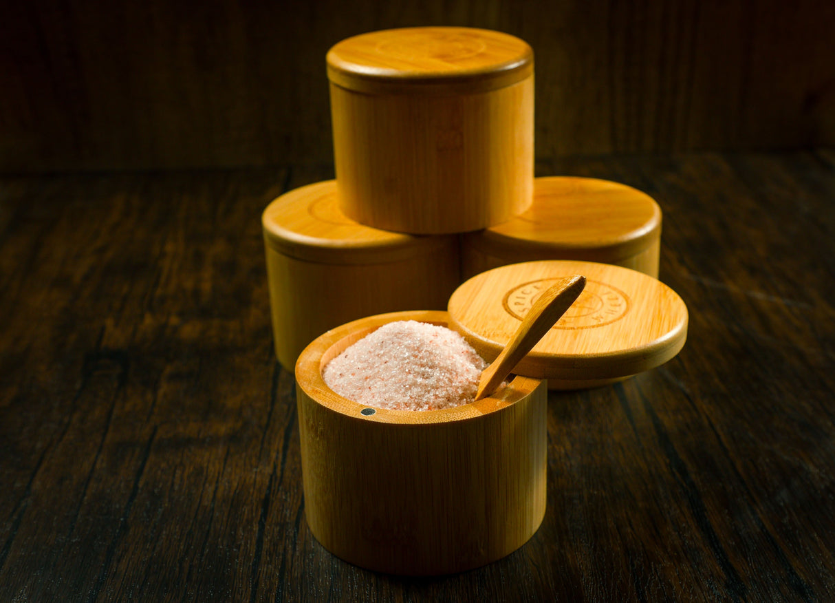 Bamboo Salt Container filled with Pink Himalayan Salt from Spice Wheel