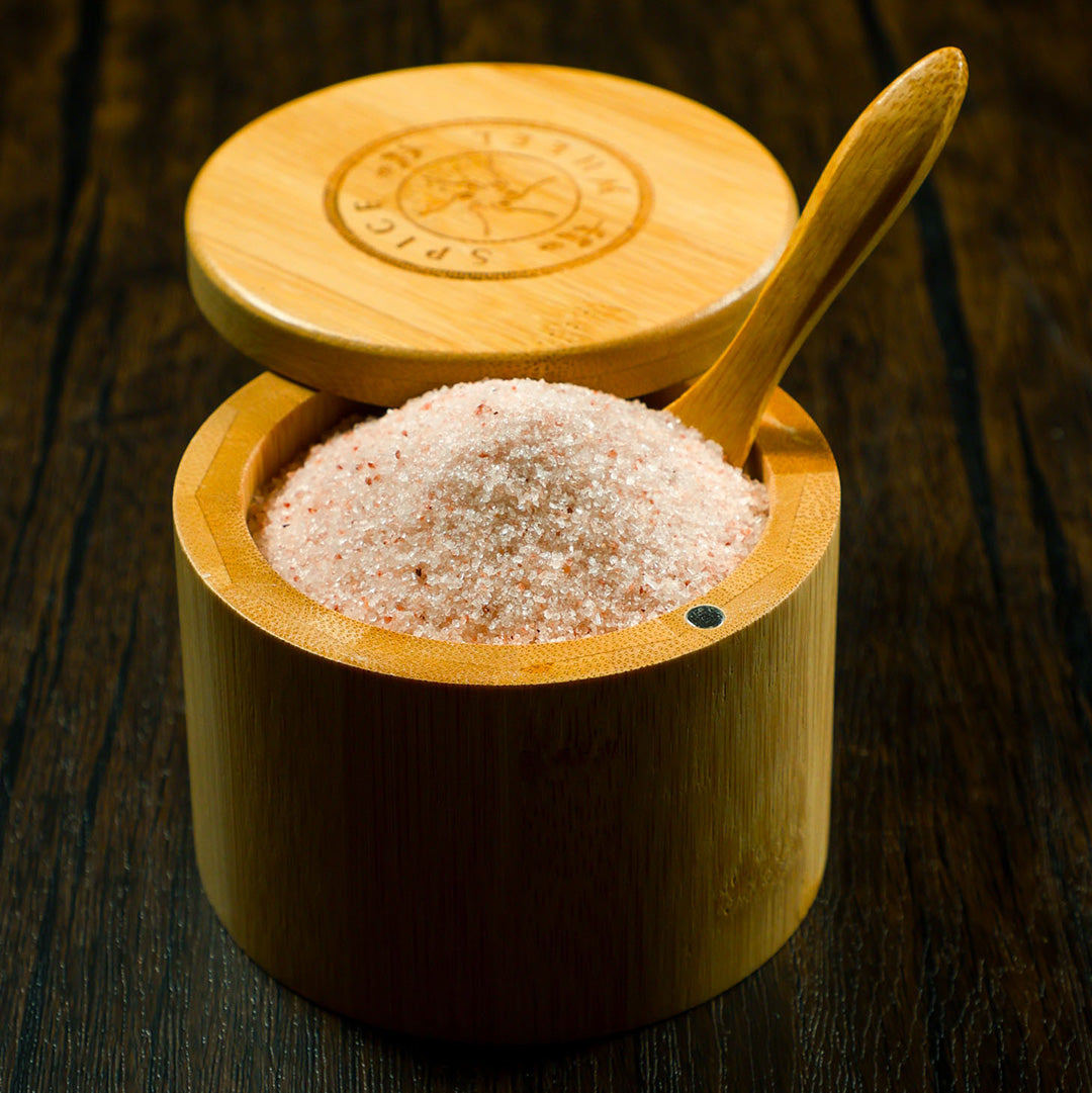 Bamboo Salt Container filled with Pink Himalayan Salt from Spice Wheel