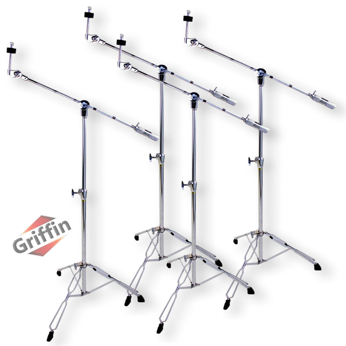 4 PACK Cymbal Boom Stands by GRIFFIN | Drum Kit Percussion Gear Chrome Hardware Set with Double Braced Tripod Legs | Drummers Counterweight Adapter for Mounting Heavy Duty Crash, Ride, Splash Cymbals from GeekStands.com