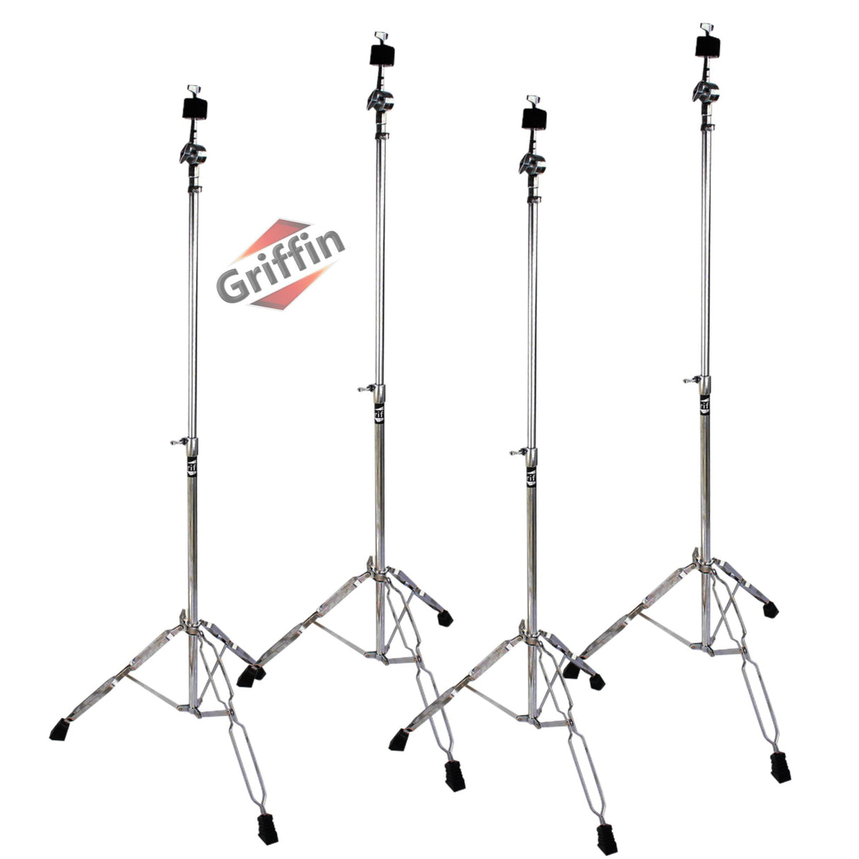 4 PACK - Straight Cymbal Stand Set by GRIFFIN | Double Braced Legs, Slip-Proof Gear Holder & Light-Duty for Mobile Drummers | Percussion Chrome Drum Hardware Kit for Mounting Crash & Splash Cymbals from GeekStands.com