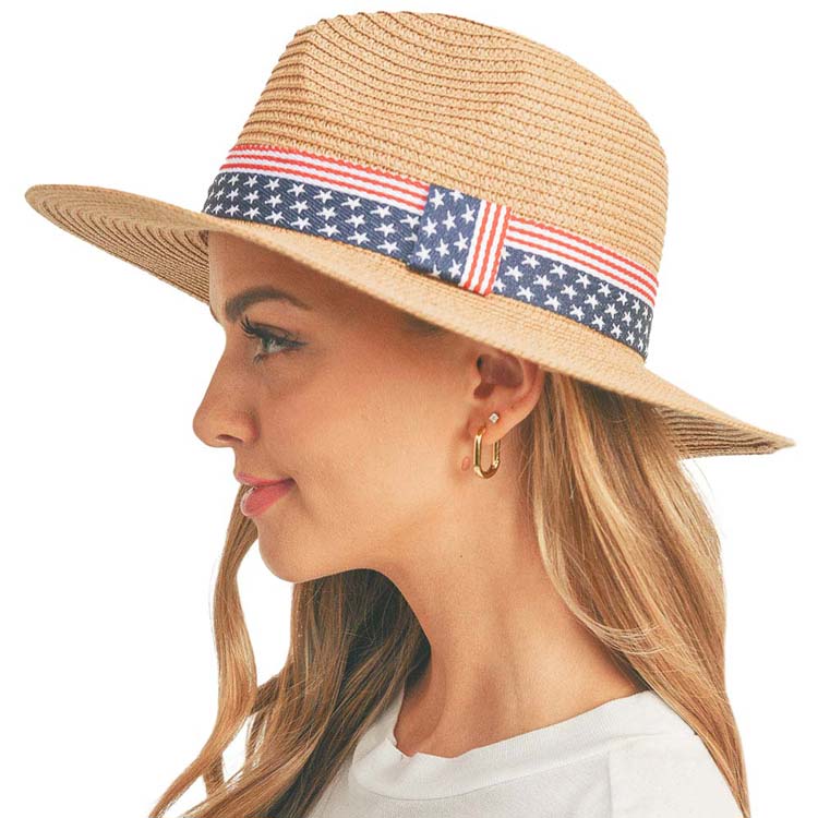 American USA Flag Band Panama Straw Sun Hat from Madeline Love